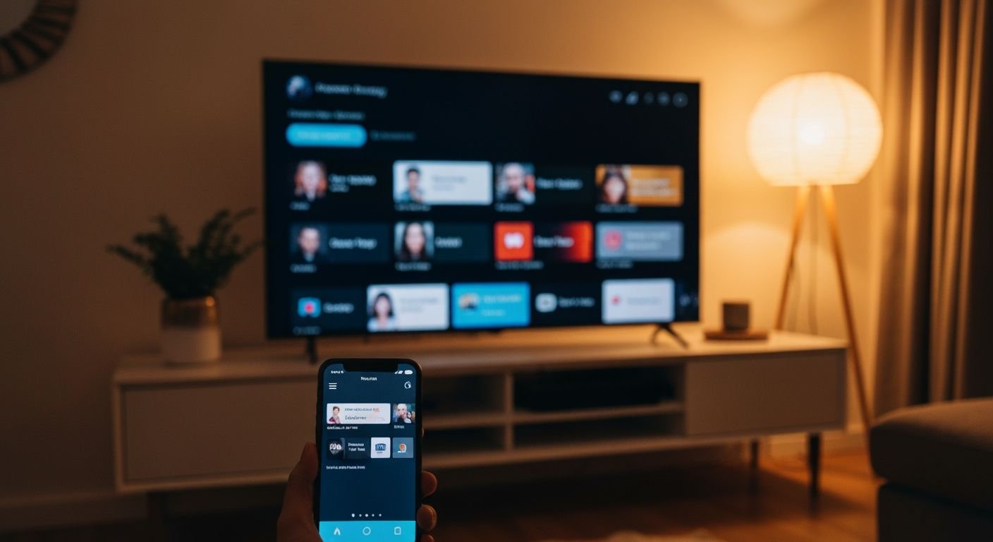 Téléviseur affichant une interface de streaming avec application IPTV compatible sur smartphone à proximité