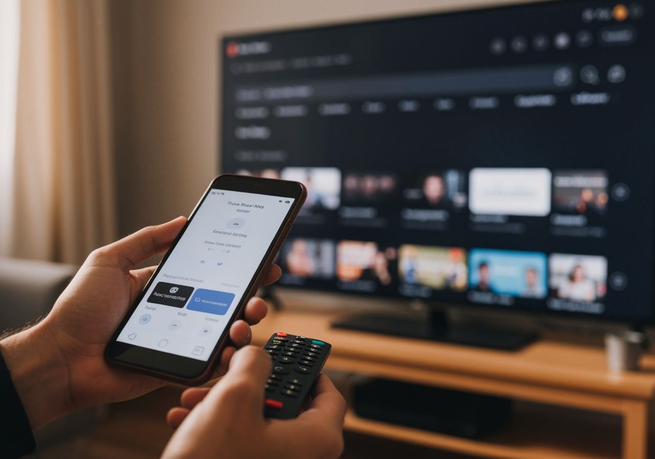 Smartphone et télécommande pour accéder à une application IPTV sur Smart TV moderne