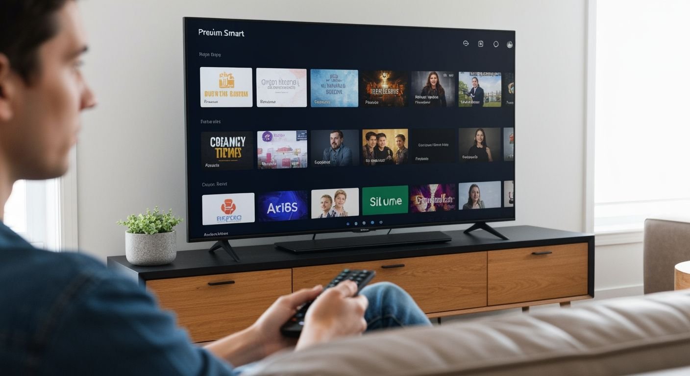 Salon moderne avec Smart TV affichant une interface de streaming et une personne tenant une télécommande.