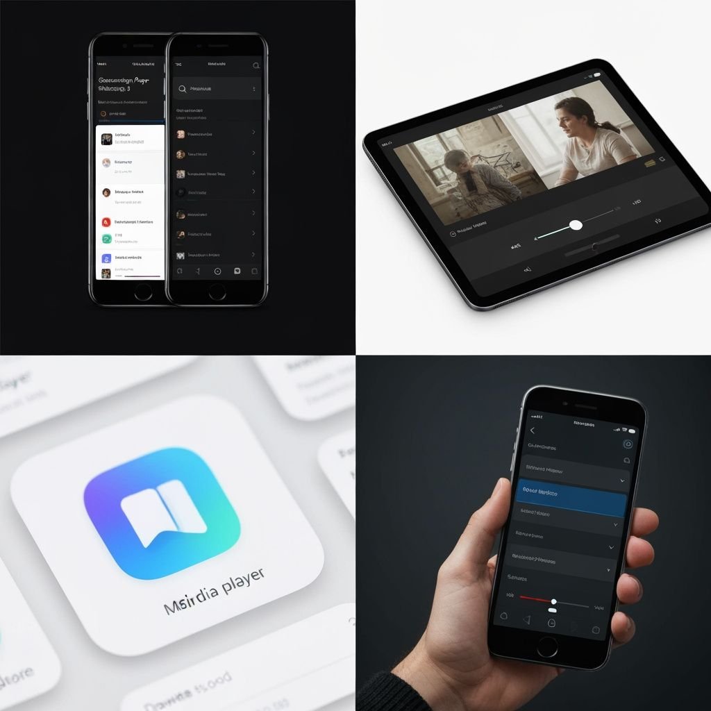 Quatre étapes : installation app, lecture sur iPad, téléchargement, et paramètres vidéo sur iPhone