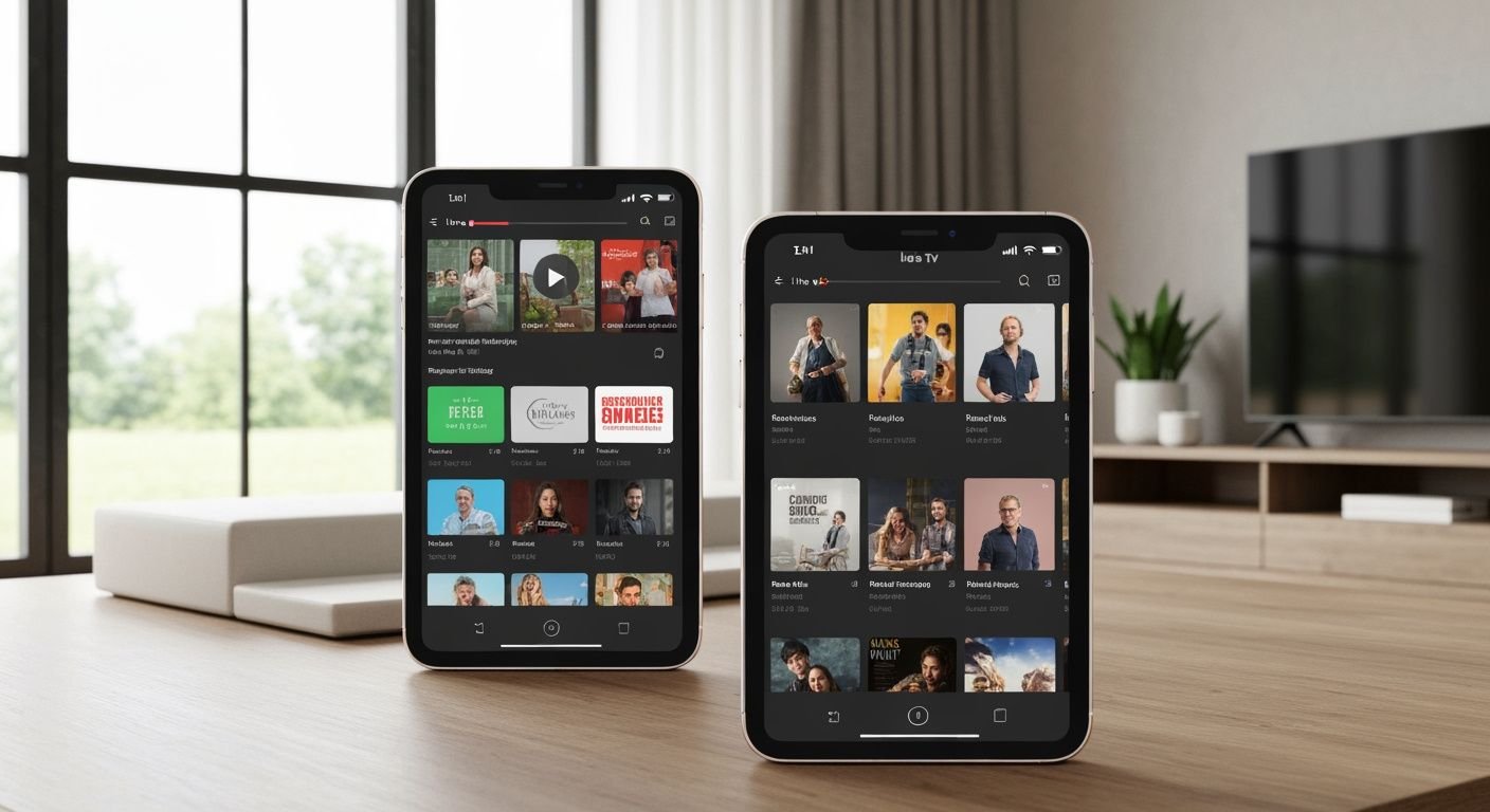 iPhone et iPad affichant une interface de lecteur IPTV avec chaînes TV en direct