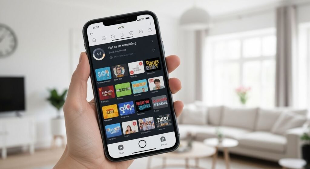 iPhone affichant une application IPTV avec guide des chaînes et programmes en direct