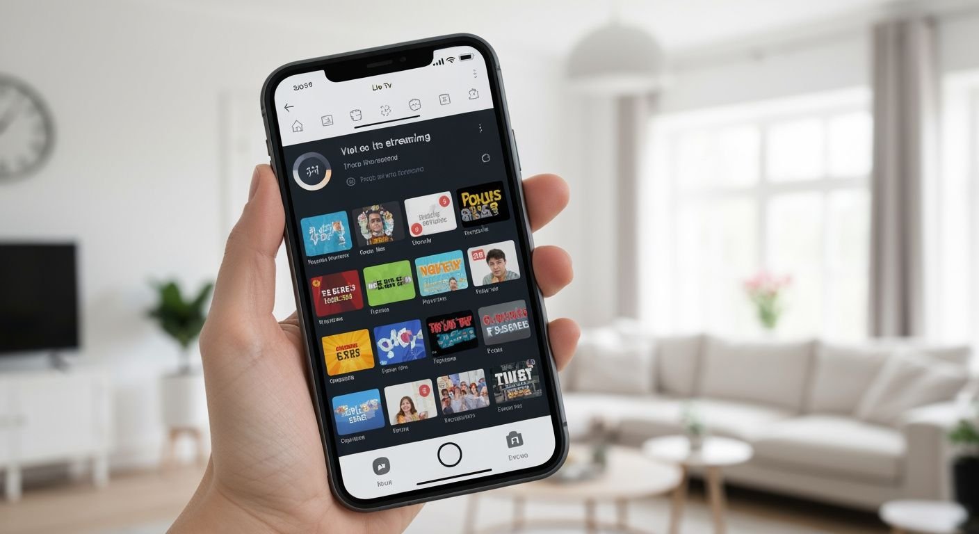 iPhone affichant une application IPTV avec guide des chaînes et programmes en direct