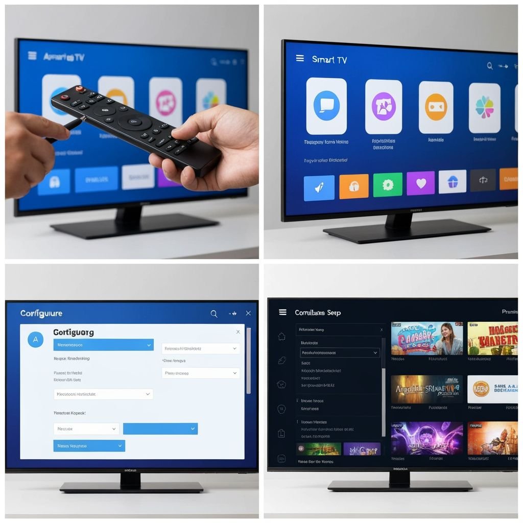 Guide visuel en quatre étapes : télécommande, interface système, paramètres et lecture IPTV