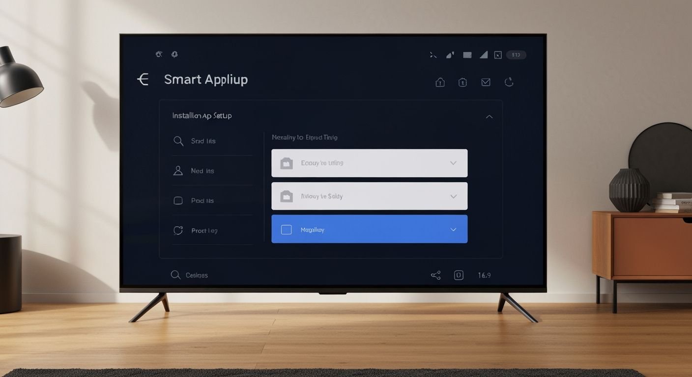 Écran de configuration d'application IPTV sur Smart TV moderne avec menu d'installation visible