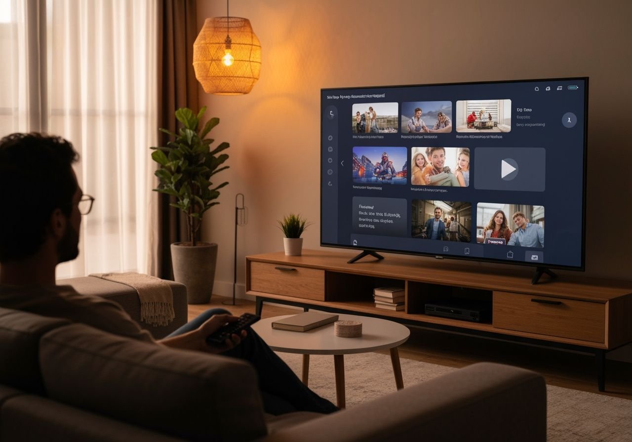 Utilisateur regardant un contenu IPTV configuré sur sa Smart TV depuis son canapé