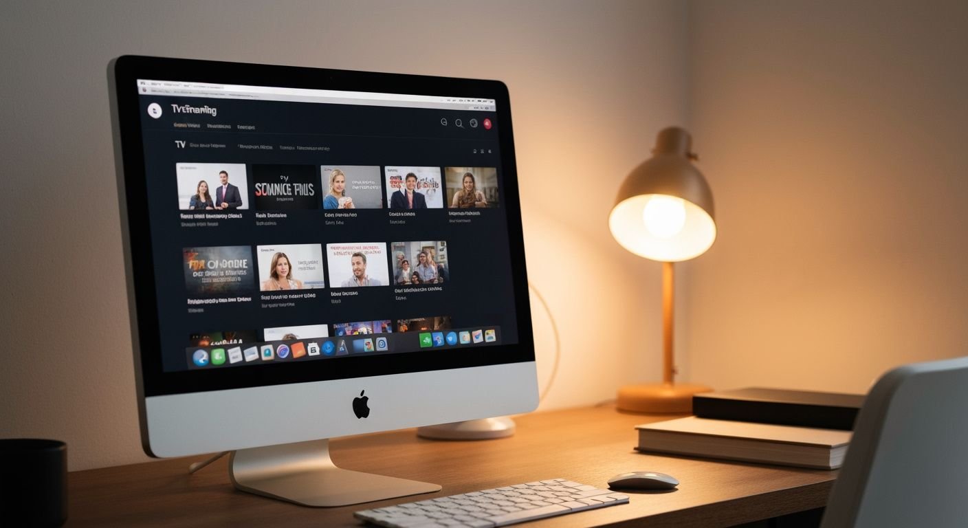 Ordinateur Mac affichant une interface de streaming IPTV avec plusieurs chaînes TV disponibles