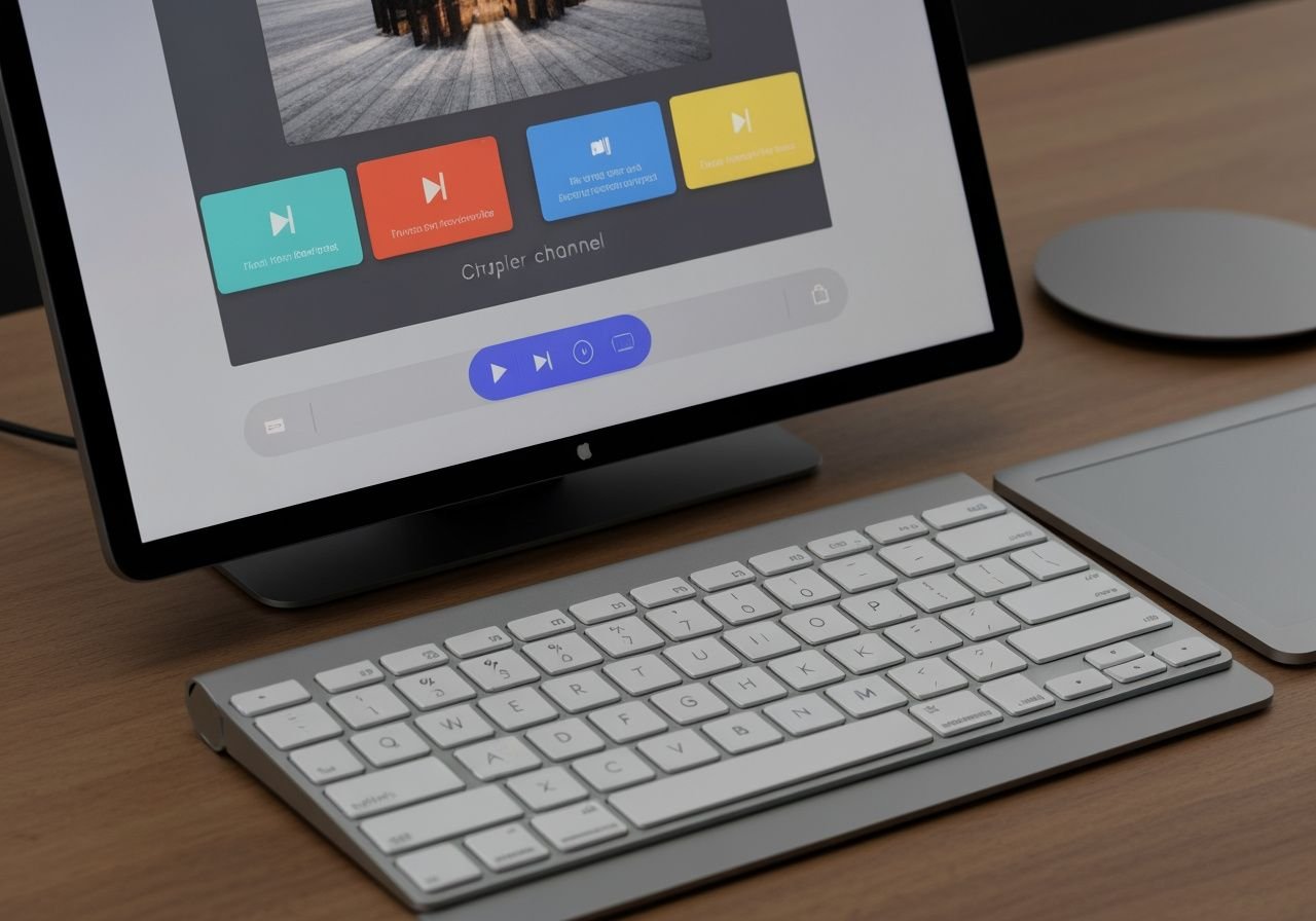 Gros plan sur Mac avec application IPTV en lecture, interface de contrôle visible et ergonomique