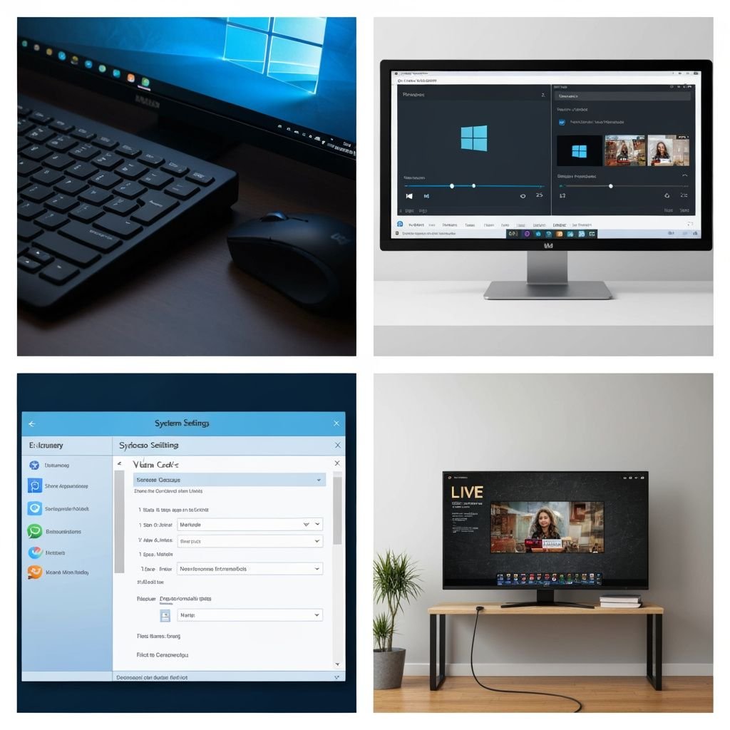 Comparatif quatre panneaux : clavier PC, interfaces de lecteurs, paramètres Windows et connexion TV