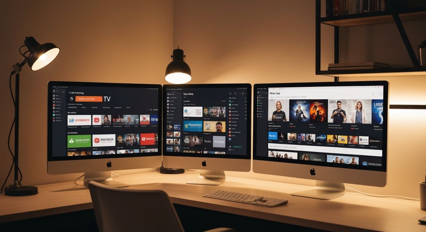 Ordinateur de bureau avec interface de lecteur IPTV affichant chaînes TV et contenu en direct