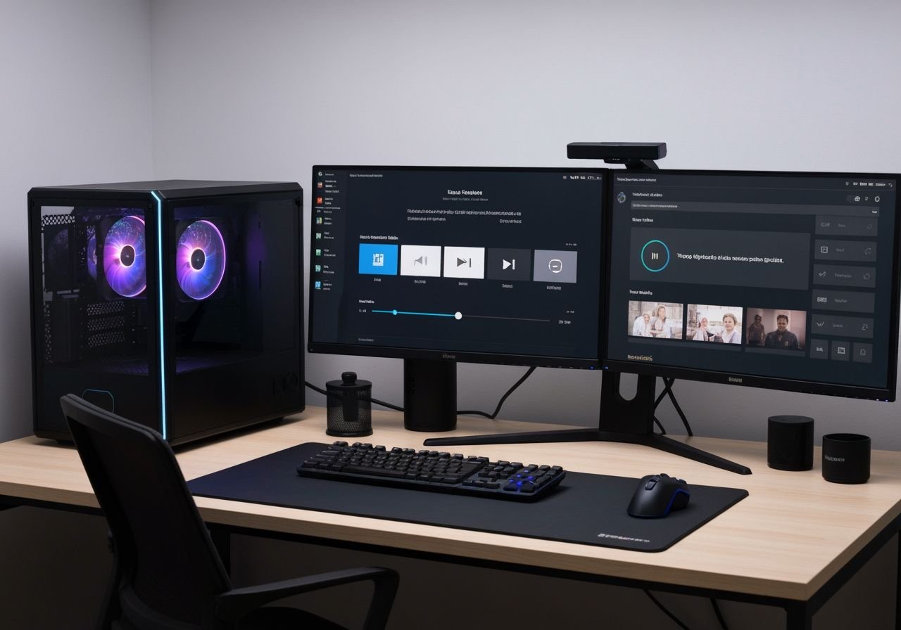 Configuration PC gaming avec écrans multiples et lecteur média IPTV en fonctionnement