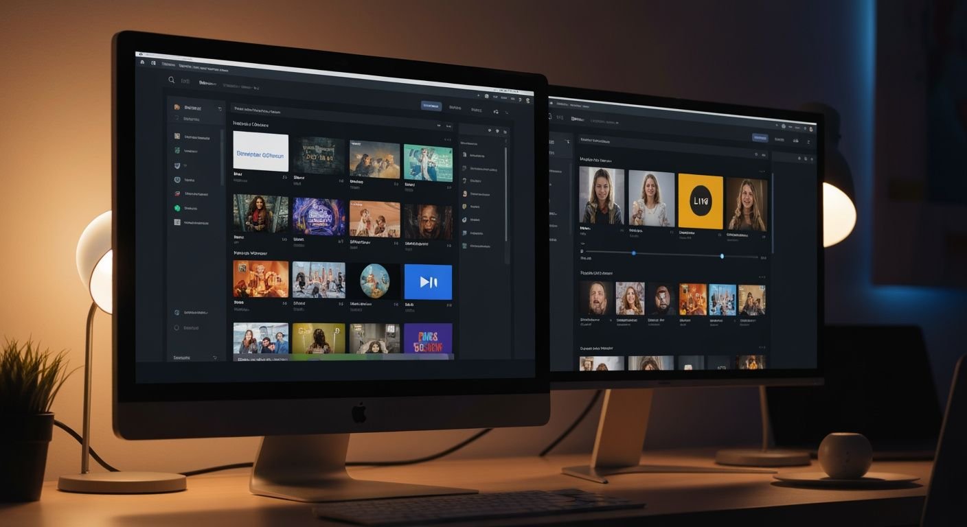 Écran d'ordinateur affichant plusieurs applications IPTV avec grille de chaînes et contenu en direct