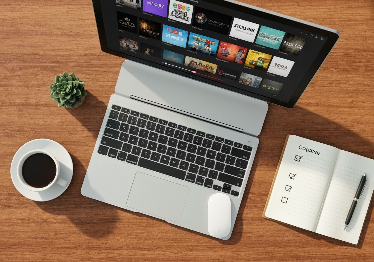 Bureau avec ordinateur portable, application de streaming et checklist de comparaison de lecteurs