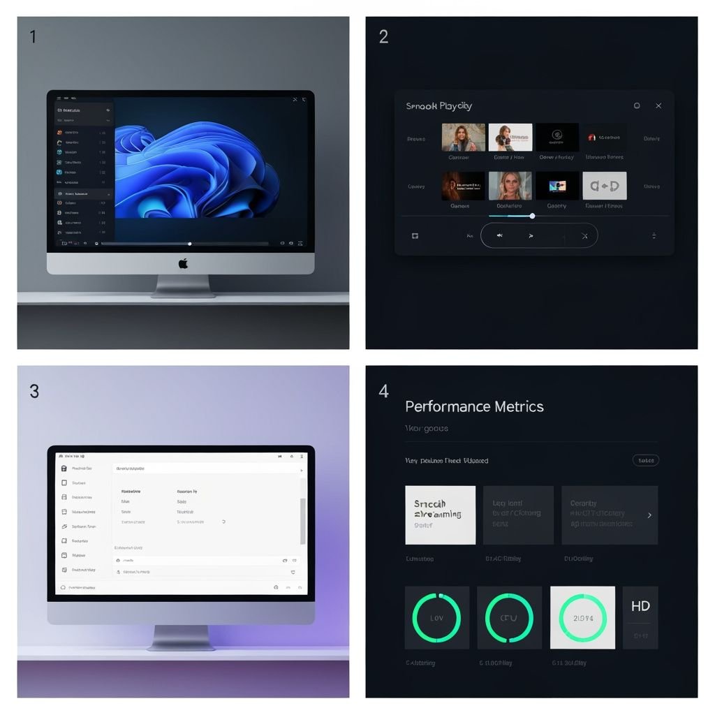 Comparatif quatre panneaux : interface lecteur, contrôles de lecture, installation et performances IPTV
