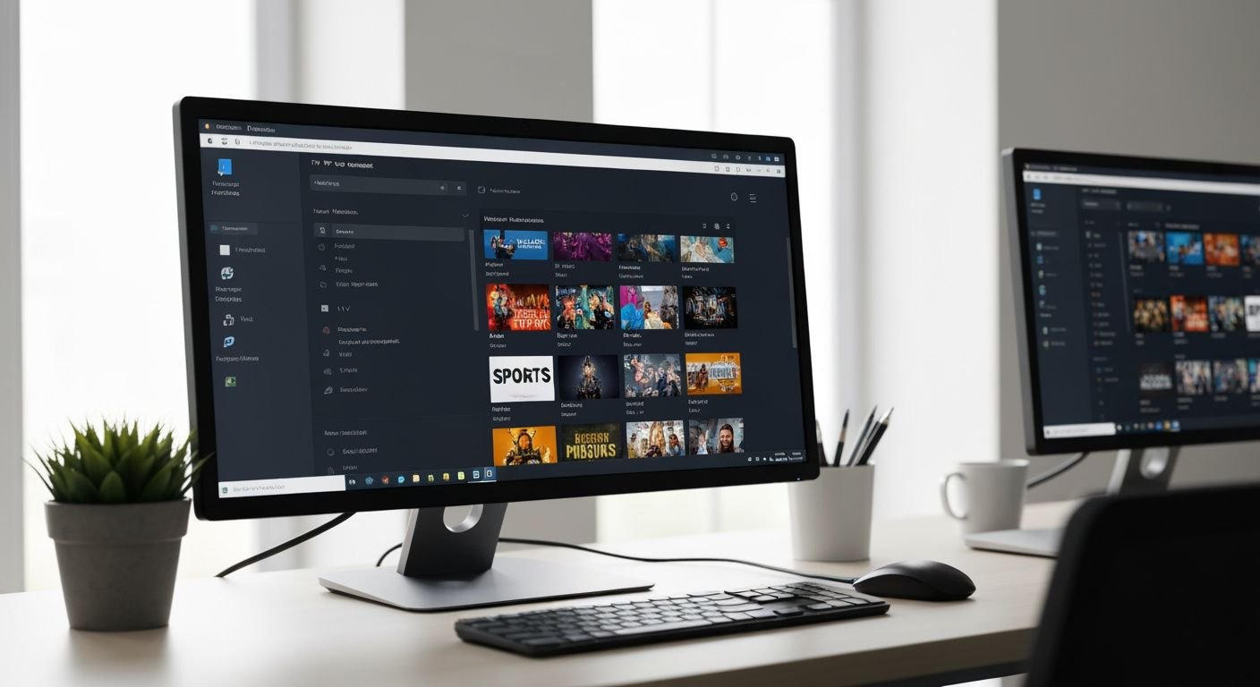 Application IPTV sur écran Windows avec interface de lecteur multimédia et grille de chaînes TV