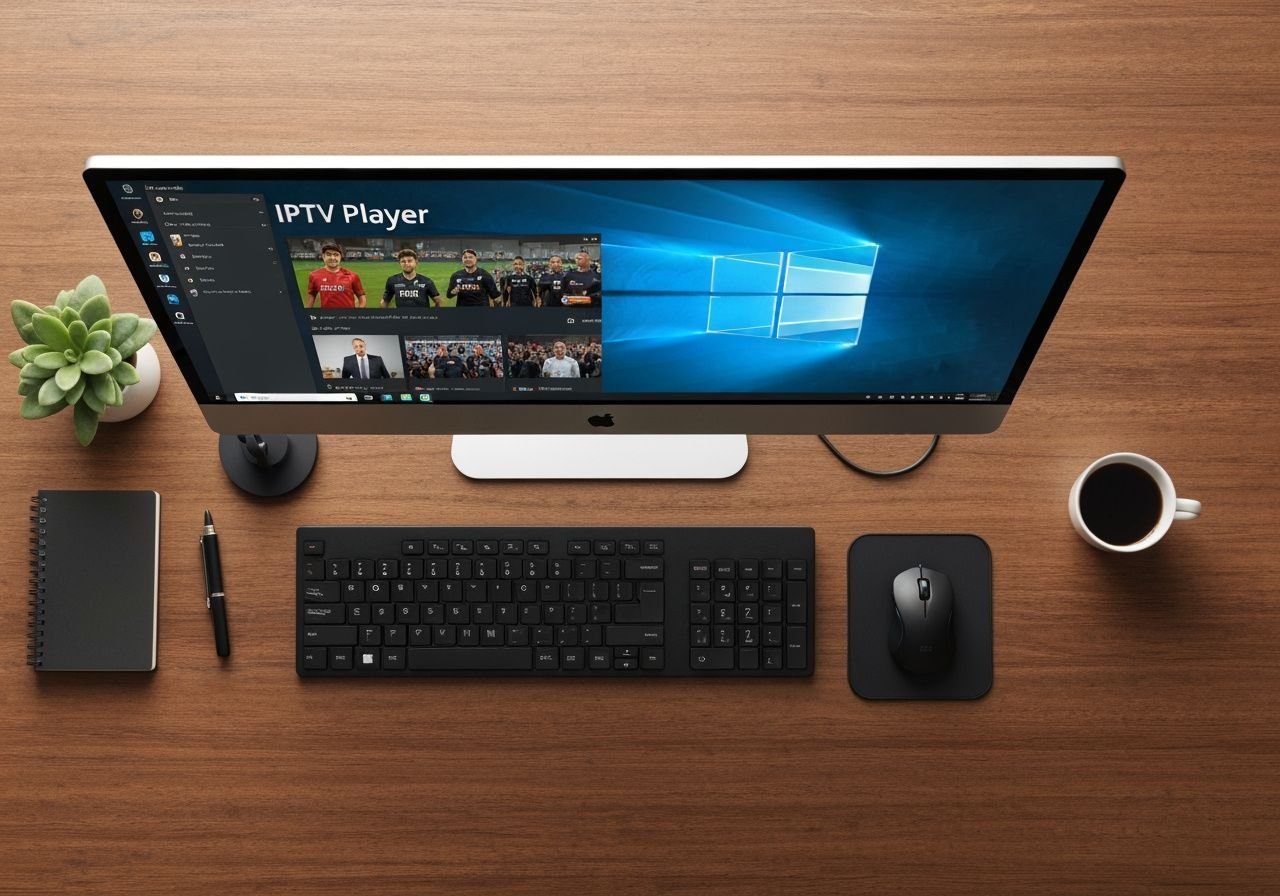Poste de travail Windows avec application IPTV active affichant un flux de contenu en direct