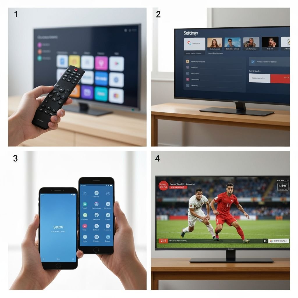 Quatre étapes d'installation et configuration d'une application IPTV sur Smart TV : menu, paramètres, synchronisation et...