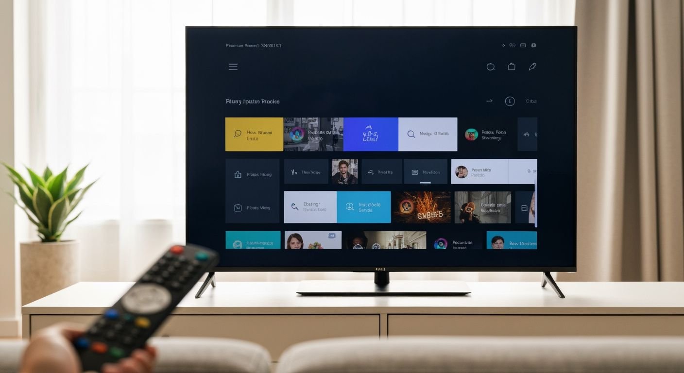 Téléviseur intelligent affichant une interface d'application de streaming générique avec télécommande en avant-plan