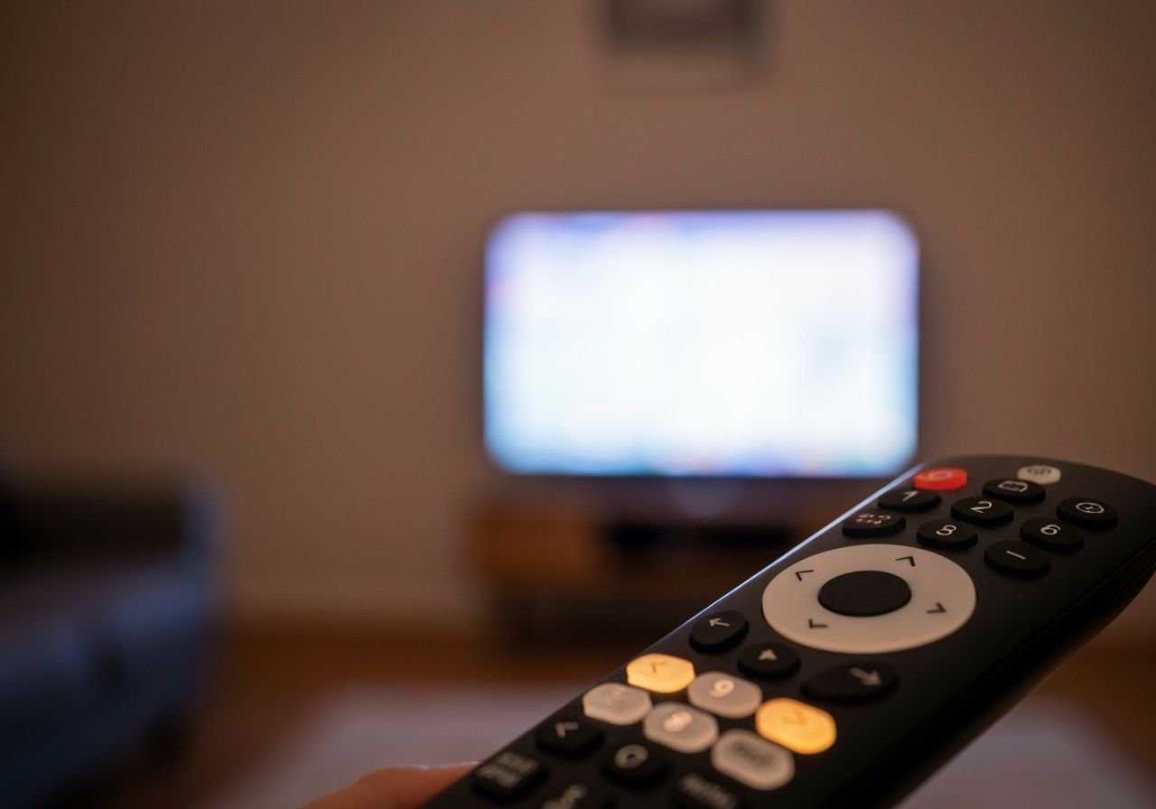Gros plan sur une télécommande de Smart TV moderne avec boutons illuminés dans un salon