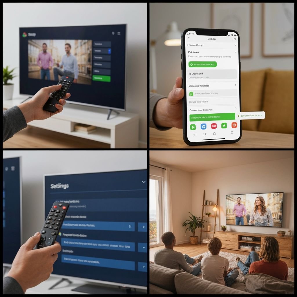 Quatre étapes d'installation d'une app IPTV : configuration, téléchargement, paramètres et visionnage