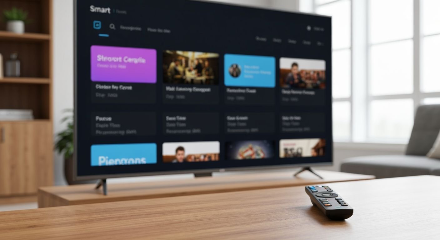 Application IPTV affichée sur un Smart TV moderne avec télécommande en avant-plan