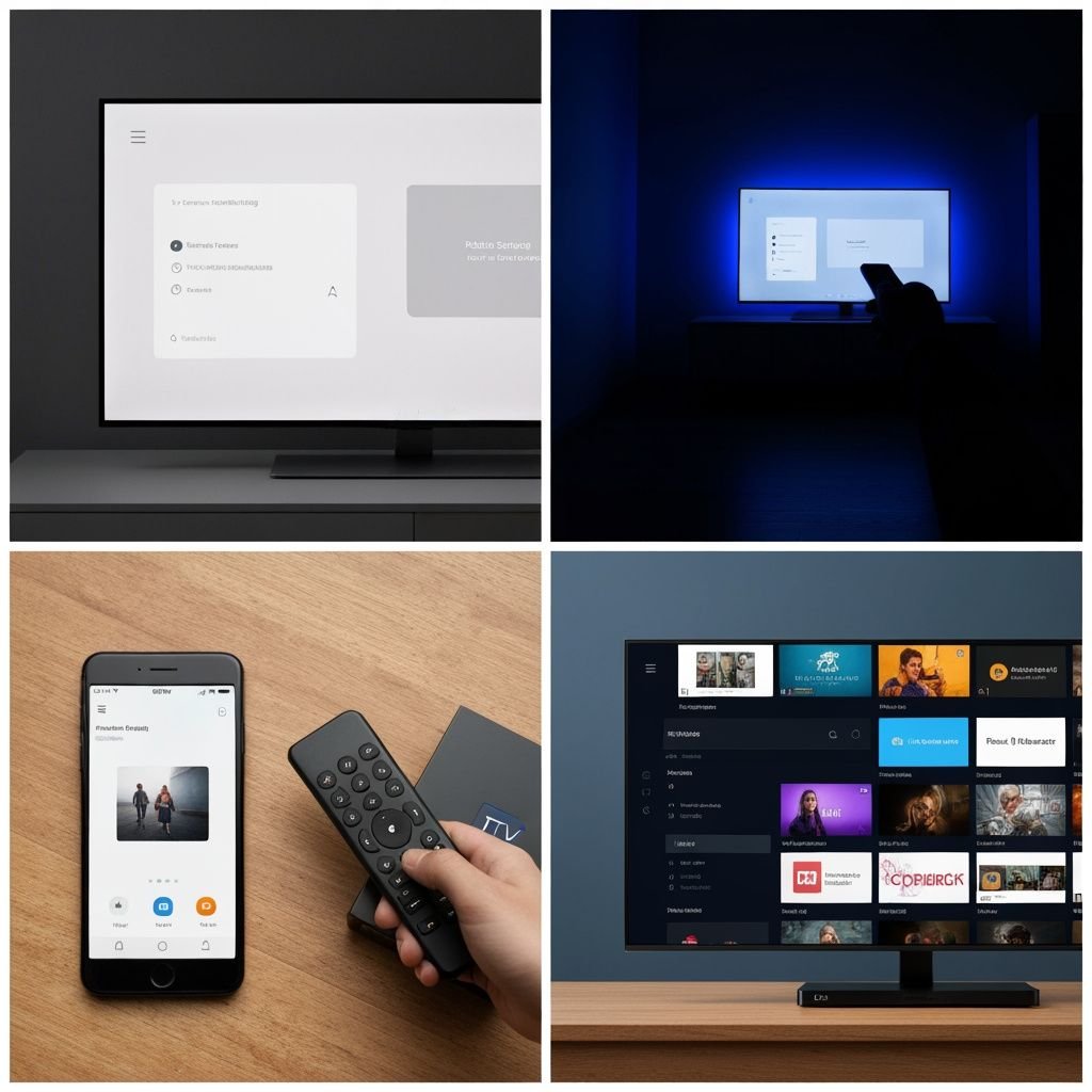 Grille comparant quatre aspects : interface Smart TV, télécommande, lecteur IPTV portable, et comparaison d'applications.