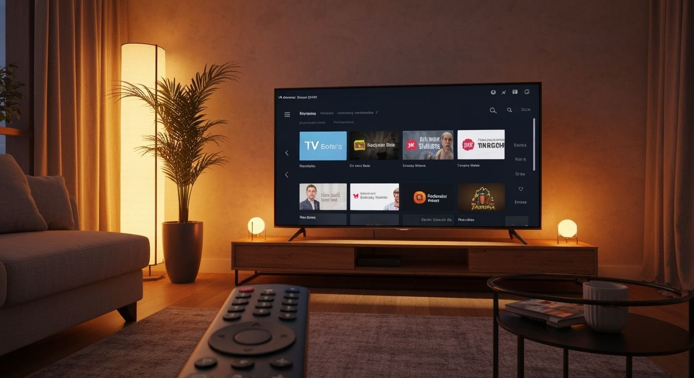 Téléviseur moderne affichant une interface de streaming avec plusieurs chaînes TV et catégories de contenu.