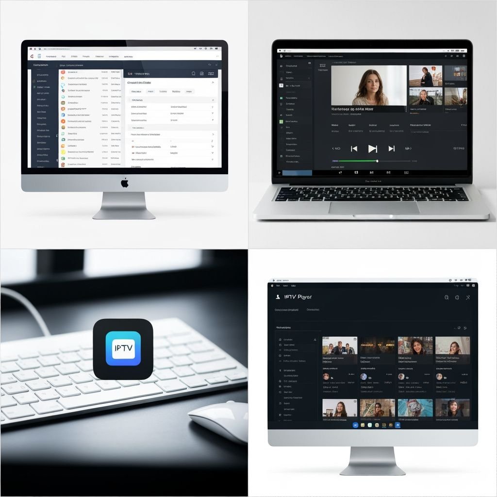 Quatre vues de lecteurs IPTV Windows : interface de lecture, guide des programmes, contrôles et comparaison