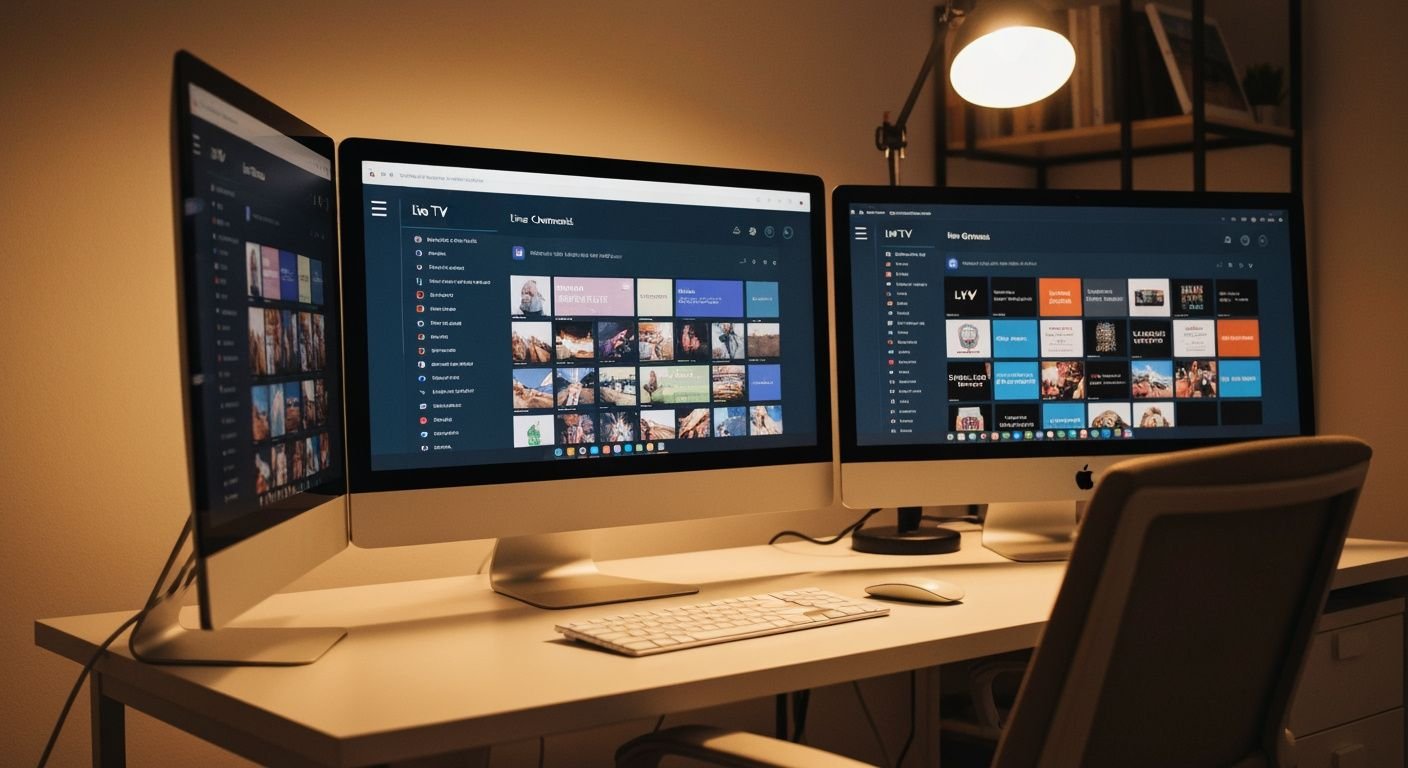 Ordinateur de bureau affichant une interface IPTV avec grille de chaînes TV en direct