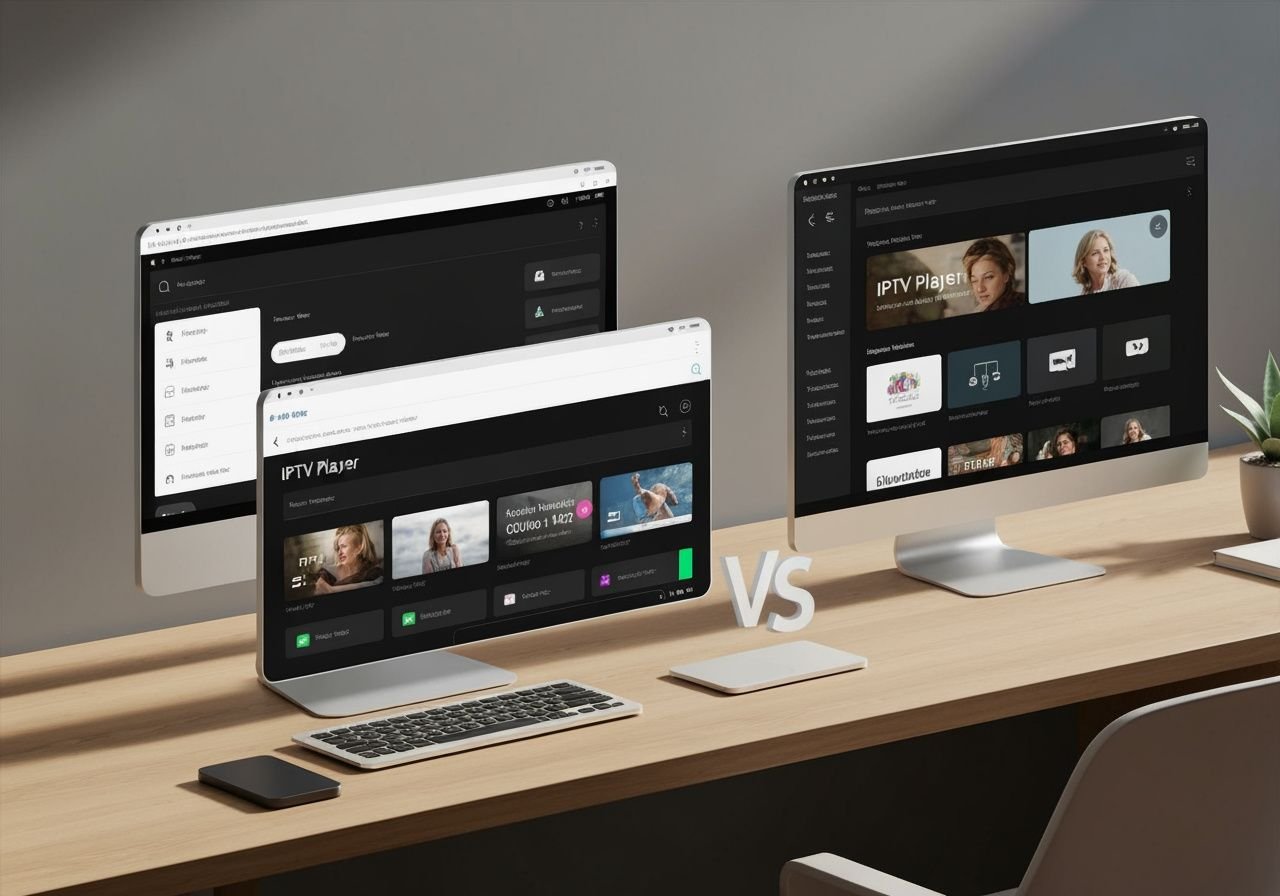 Comparaison de trois applications IPTV différentes sur écran d'ordinateur de bureau