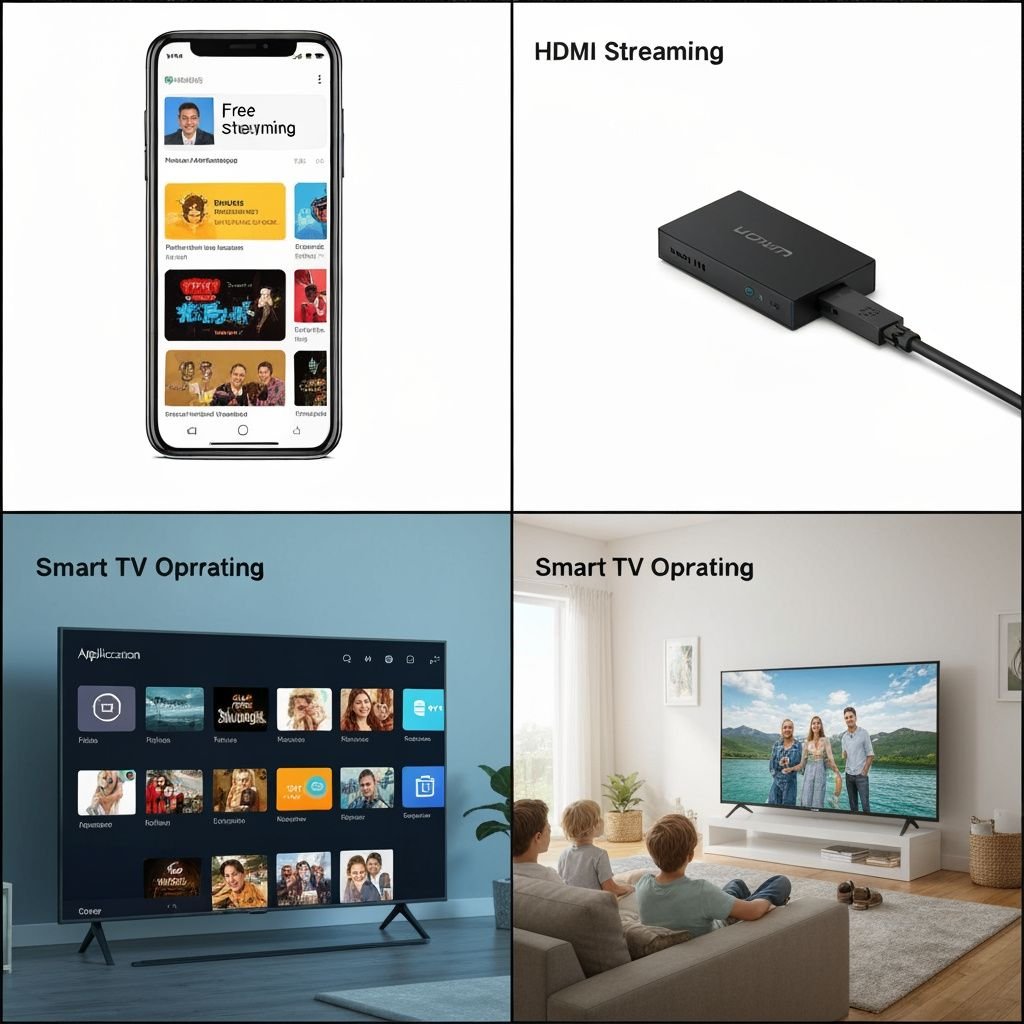 Quatre panneaux montrant applications mobiles, appareils de streaming, systèmes d'exploitation Smart TV et expérience de...