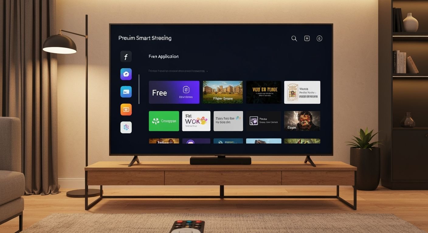 Téléviseur moderne affichant une interface de streaming gratuit avec plusieurs applications disponibles