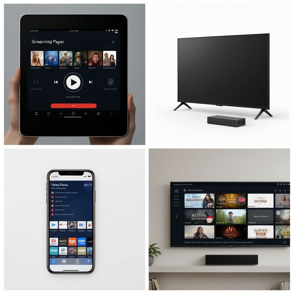 Quatre scènes montrant des lecteurs IPTV, interfaces de streaming, et appareils TV compatibles