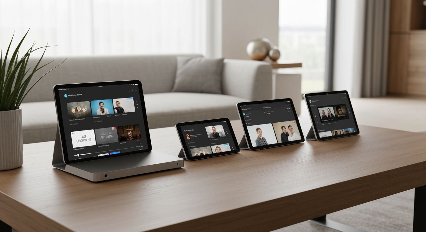 Plusieurs appareils de streaming affichant des interfaces de lecteur vidéo modernes sur une table de salon