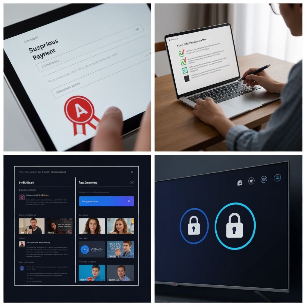 Quatre étapes pour identifier les arnaques IPTV : formulaire suspect, vérification, comparaison d'interfaces et badges de...