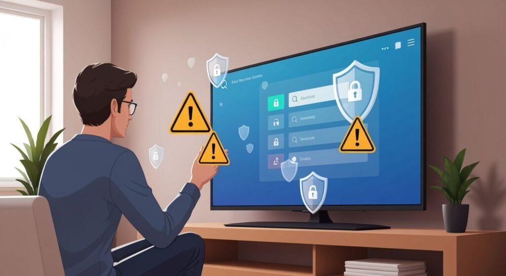 Écran de Smart TV avec symboles d'alerte et bouclier de sécurité pour protéger contre les arnaques IPTV