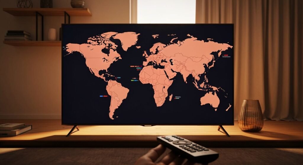 Téléviseur affichant une carte mondiale avec zones de streaming régionales colorées pour contenus multilingues.