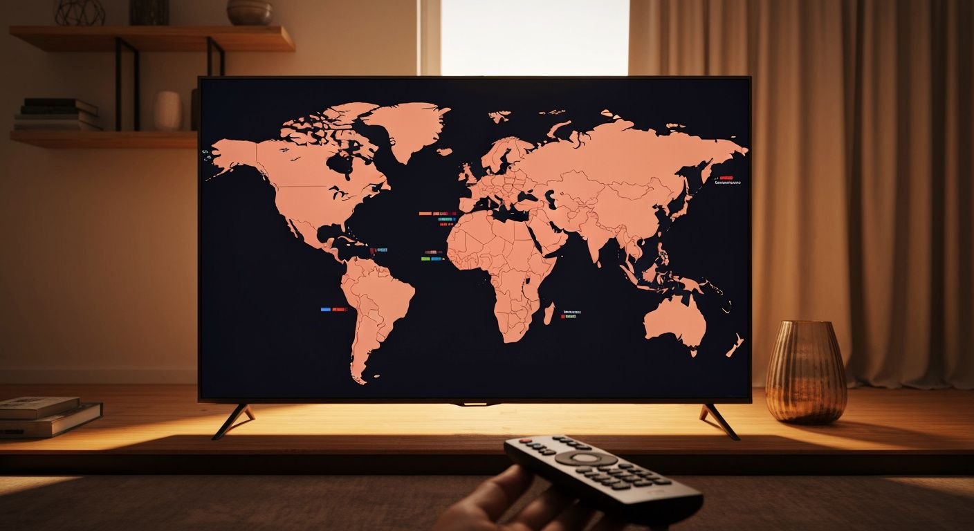 Téléviseur affichant une carte mondiale avec zones de streaming régionales colorées pour contenus multilingues.