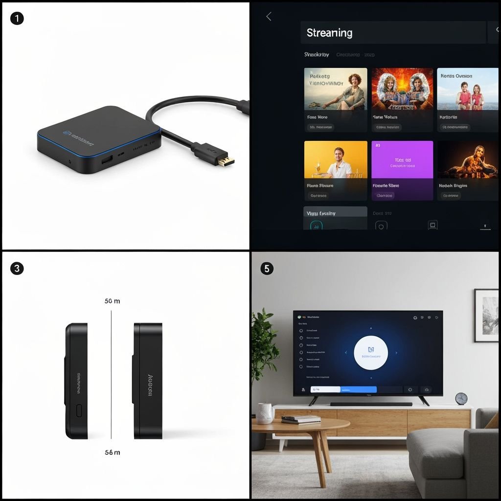 Grille de quatre images montrant différents modèles de box TV, interfaces de streaming et configurations