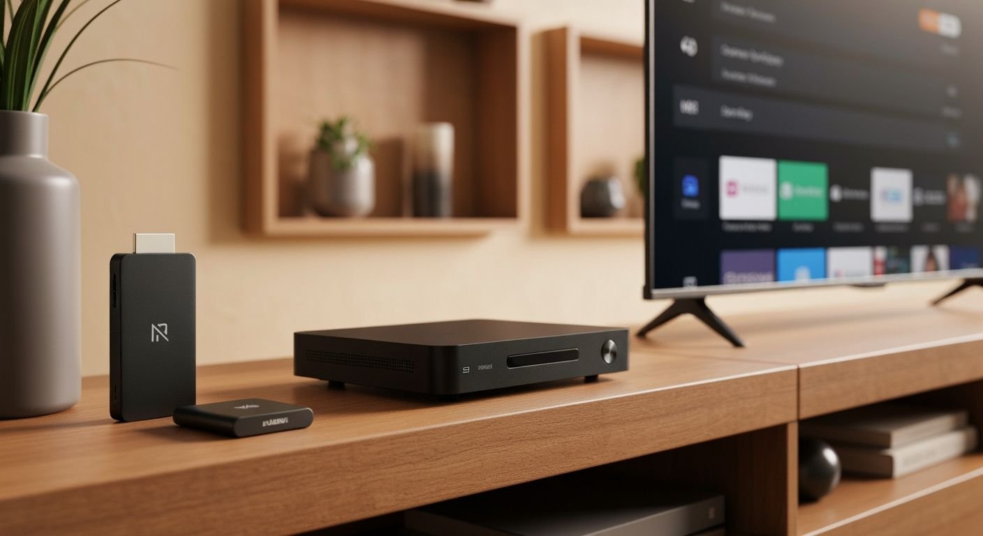 Comparatif de boîtiers Android IPTV et lecteurs multimédias sur étagère avec TV moderne