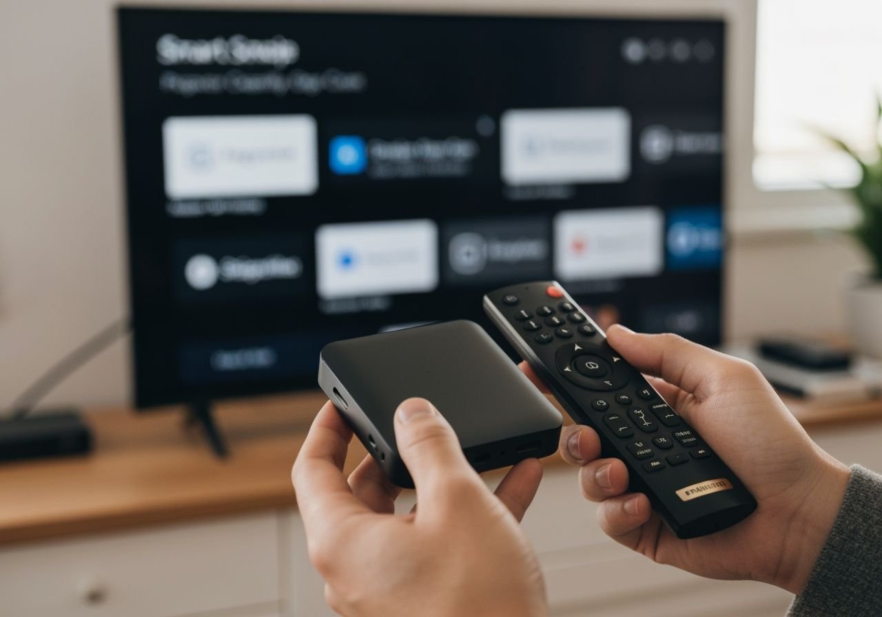 Mains tenant un boîtier streaming compact face à une télécommande et un écran TV