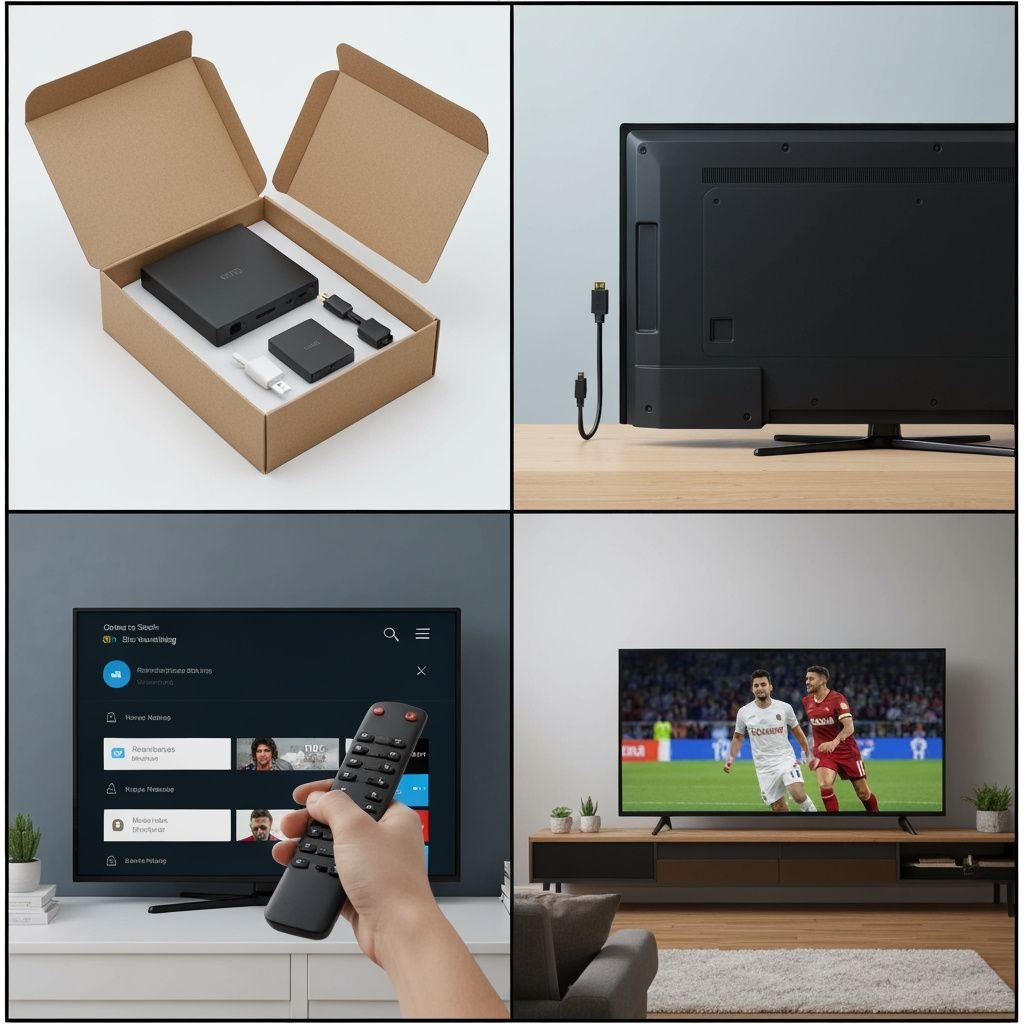Quatre étapes : déballage, connexion HDMI, navigation menu, visionnage sur TV