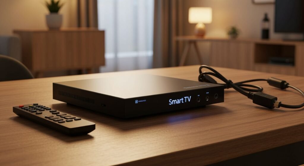 Boîtier Android TV IPTV avec télécommande et câbles sur bureau en bois