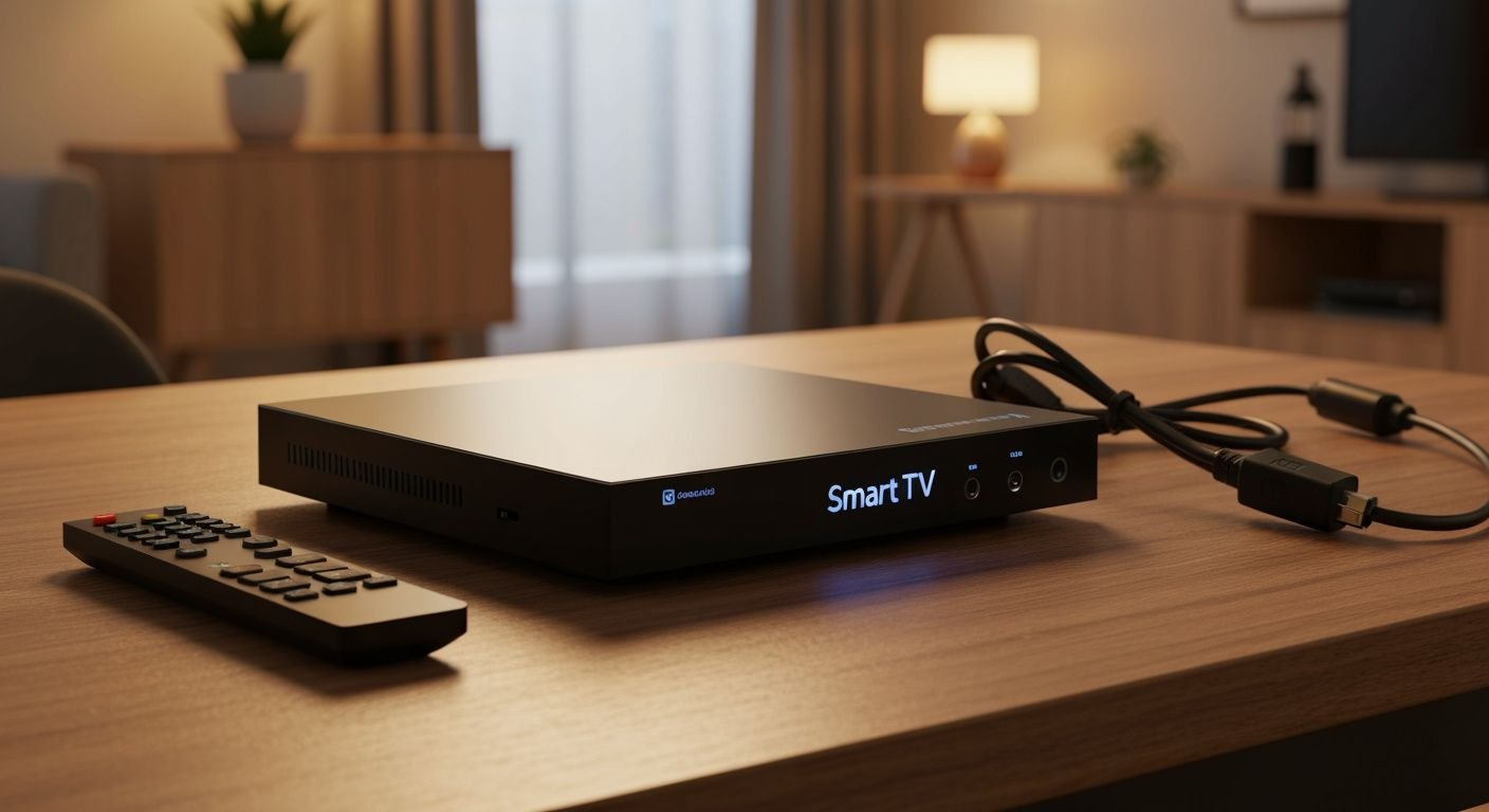 Boîtier Android TV IPTV avec télécommande et câbles sur bureau en bois