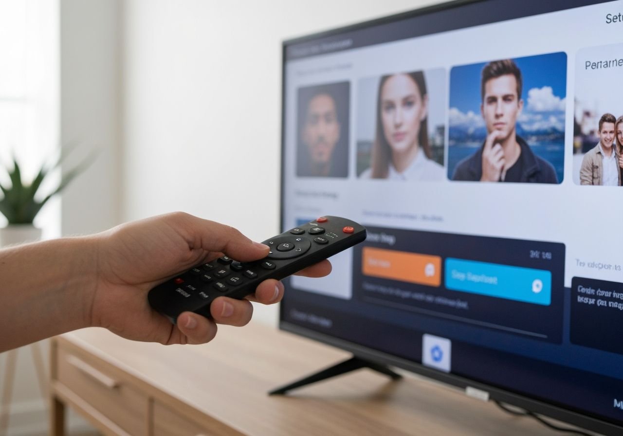 Main tenant une télécommande face à un écran de configuration d'application