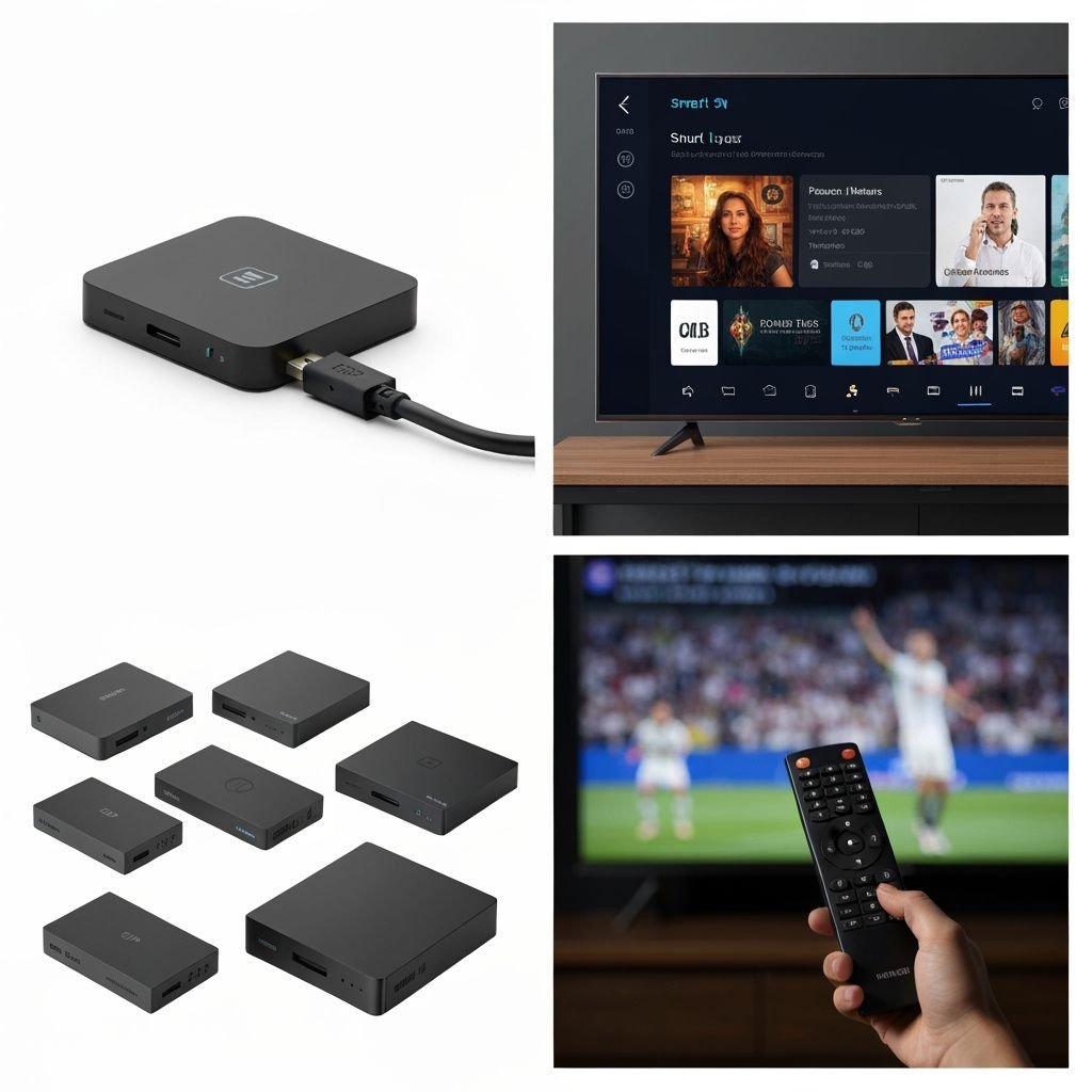 Comparatif de quatre types d'appareils IPTV : boîtier compact, téléviseur intelligent, décodeurs et télécommande.