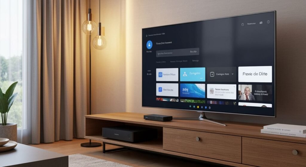 Boîtier IPTV et décodeur streaming connectés à un téléviseur moderne dans un salon contemporain.