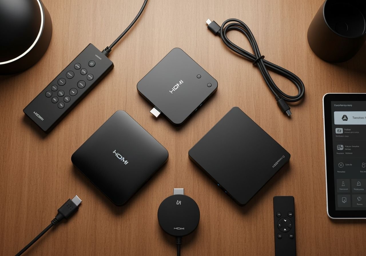 Trois boîtiers IPTV différents avec câbles et télécommandes disposés sur un bureau pour comparaison.