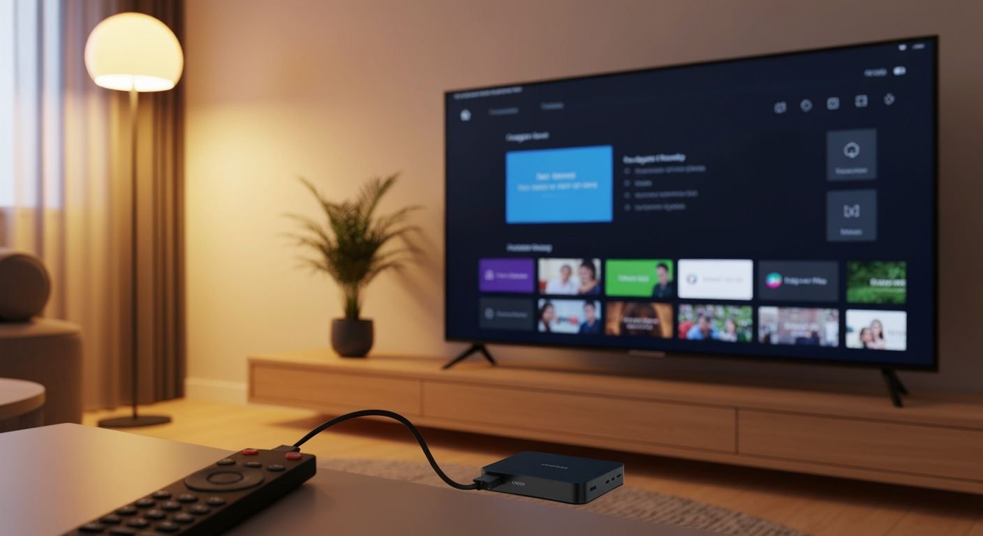 Boîtier IPTV connecté à un téléviseur moderne avec interface de streaming affichée