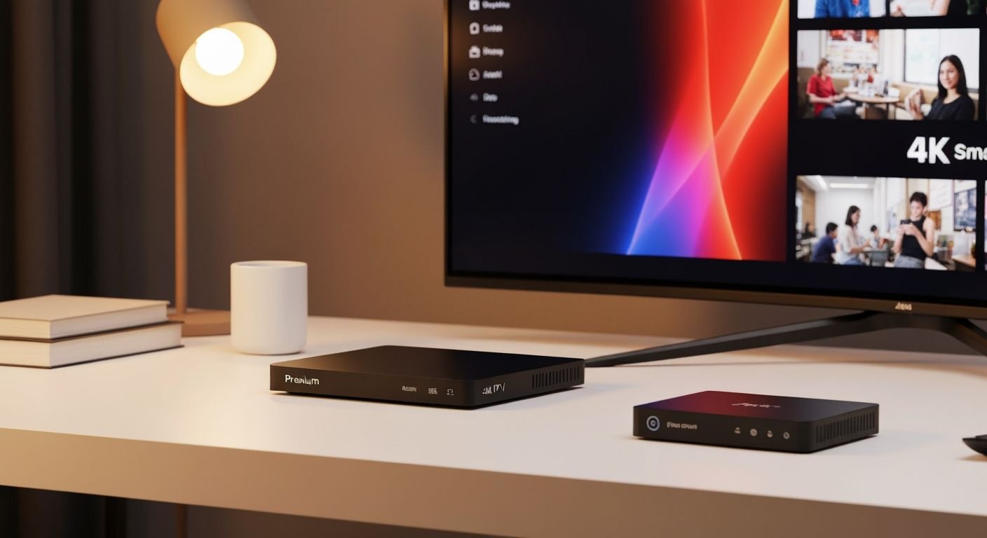Boîtier IPTV 4K haut de gamme connecté à un téléviseur moderne affichant du contenu Ultra HD